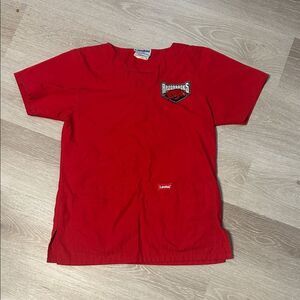 Landau Arkansas Razorback Red V Neck Scrub Top with Pockets